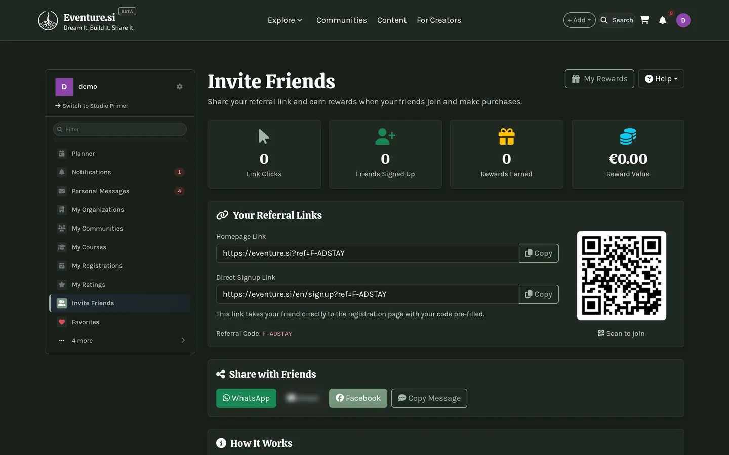 The affiliate dashboard: clicks, conversions and earnings.