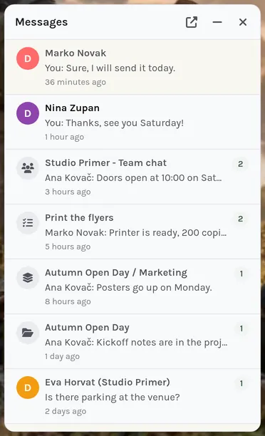 The envelope list: each round icon shows the kind of conversation, the number counts unread messages.