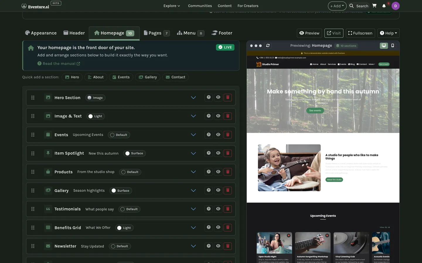 The Homepage tab: the section stack.